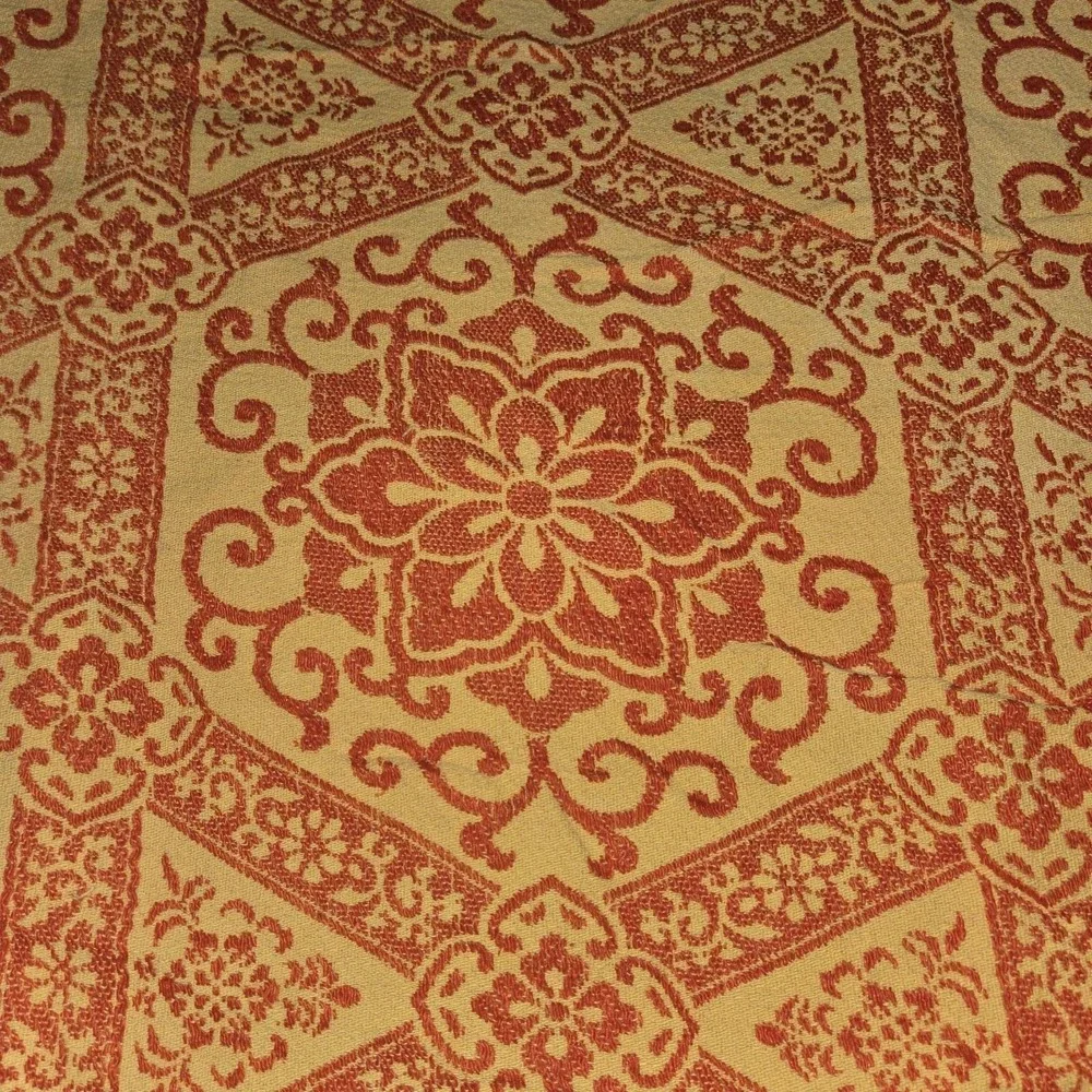 READ VTG BATES Boho Twin Bedspread Fringed MCM Red Yellow Mustard 70s Groovy